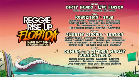 Reggae rise up florida - Reggae Rise Up Florida, entering its seventh year, is scheduled to make its triumphant return to Vinoy Park in Downtown St. Petersburg, FL, over the March 18-20 weekend. Produced by Live Nite Events, Reggae Rise Up Florida has evolved into a beloved staple of South Florida’s musical event calendar and is widely recognized as …